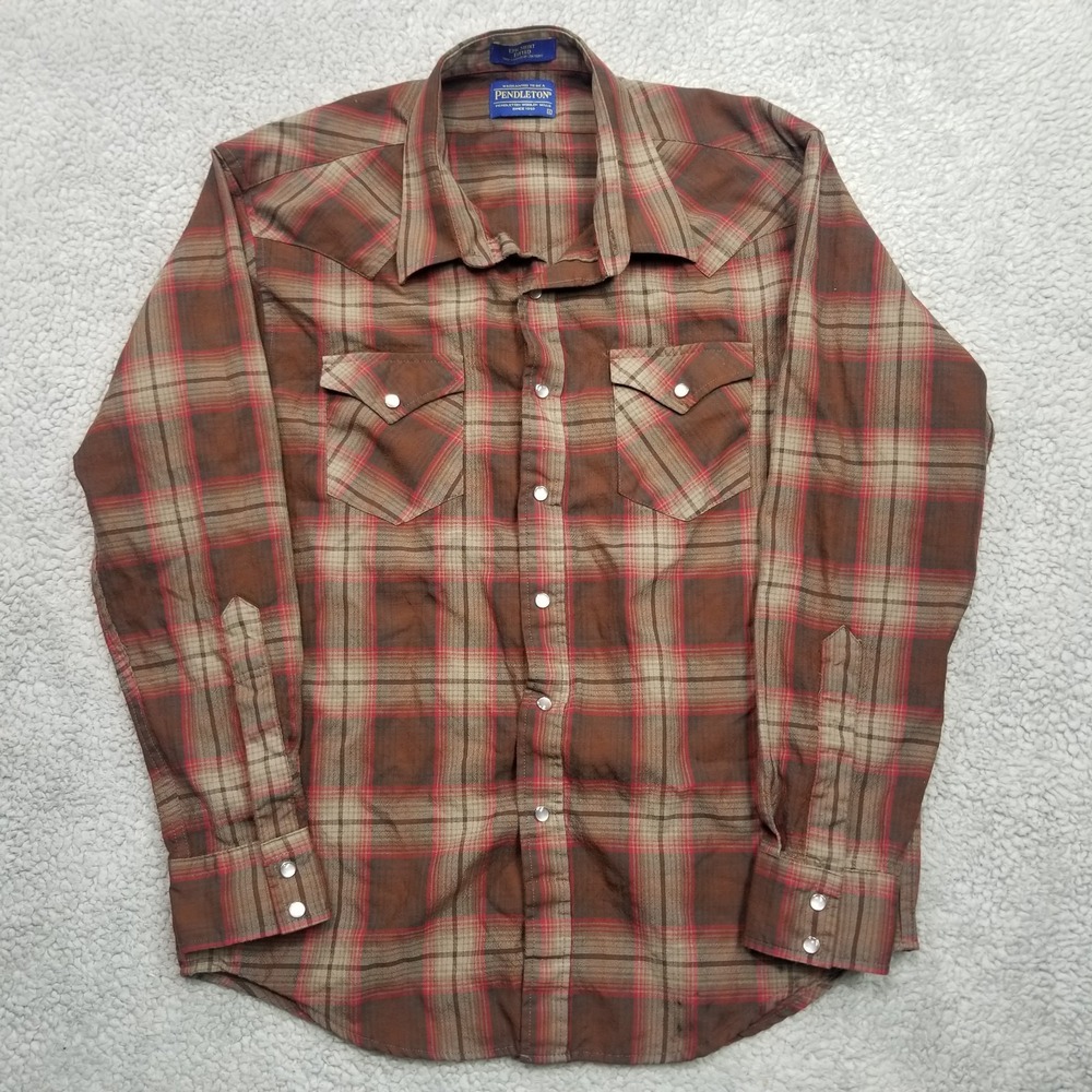 Vtg Pendleton High Grade Western Wear Wool Shirt Pearl Snap Plaid Ombre Mens M/L
